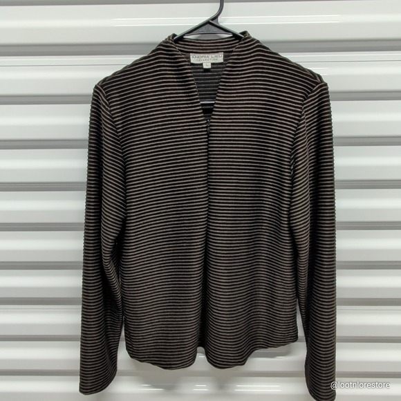 Andria Lieu Collection Top Womens Large Black Bronze Striped Zip Mock Neck L/S — photo 2